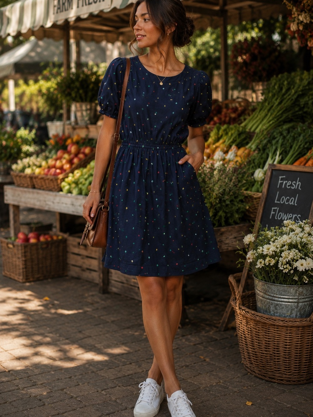 croft & barrow Navy Dress with Multicolor Dot Embroidery